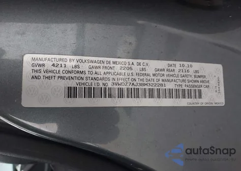 2011 Volkswagen Jetta 2.5L Se z USA, uszkodzony, nr VIN 3VWDZ7AJ3BM322281